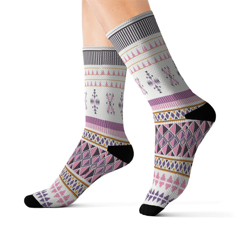 Image of Pink & Purple Multicolored Tribal Ethnic Long Sublimation Socks, High Ankle