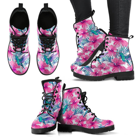 Image of Tropical Pink Hummingbird, Women's Leather Boots, Vegan, Handcrafted, Bohemian