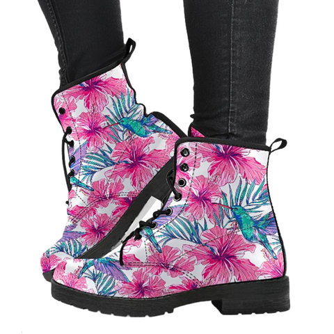 Image of Tropical Pink Hummingbird, Women's Leather Boots, Vegan, Handcrafted, Bohemian