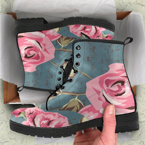 Image of Pink Vintage Rose Blue: Women's Vegan Leather, Handcrafted Rainbow Boots,