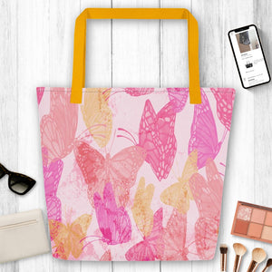 Pink & Yellow Multicolored Butterfly Large Tote Bag, Weekender Tote/ Hospital
