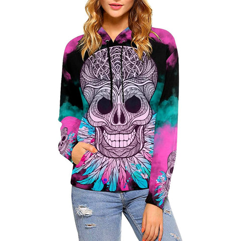 Image of Pink and Blue Skull Womens Hoodie, Floral, Fashion Wear,Fashion Clothes,Spiritual, Handmade