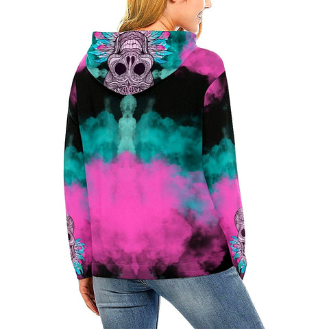 Image of Pink and Blue Skull Womens Hoodie, Floral, Fashion Wear,Fashion Clothes,Spiritual, Handmade