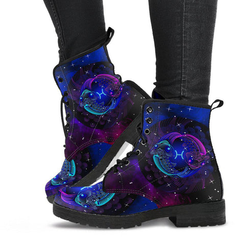 Image of Handmade Women’s Vegan Leather Boots - Blue Pisces Zodiac Astrology - Cosmos Sky Galaxy - Leather Shoes