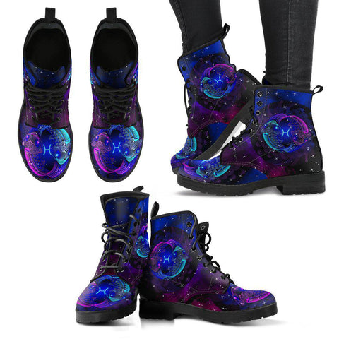 Image of Handmade Women’s Vegan Leather Boots - Blue Pisces Zodiac Astrology - Cosmos Sky Galaxy - Leather Shoes