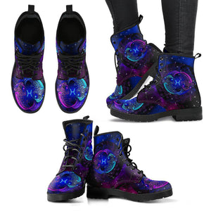 Women’s Vegan Leather Boots , Blue Pisces Zodiac Astrology , Cosmos Sky