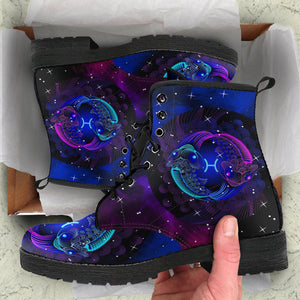 Women’s Vegan Leather Boots , Blue Pisces Zodiac Astrology , Cosmos Sky