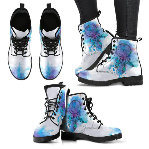 Image of Blue Dream Catcher Feathers Womens Leather Boots, Vegan Leather, Handmade Boots, Cosmos Sky Galaxy, Womens Leather Shoes, Leather Boots