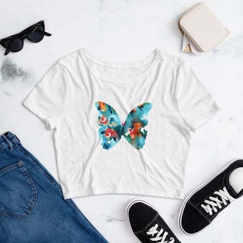 Image of Printed Watercolor Floral Butterfly Women’S Crop Tee, Fashion Style Cute crop