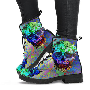 Colorful Steampunk Skull Women's Boots , Vegan Leather, Multi,Colored,