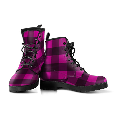 Image of Purple & Black Plaid: Women's Vegan Leather Boots, Handcrafted Lace,Up Boots,