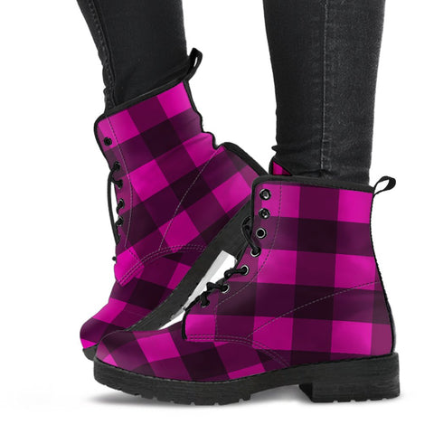 Image of Purple & Black Plaid: Women's Vegan Leather Boots, Handcrafted Lace,Up Boots,