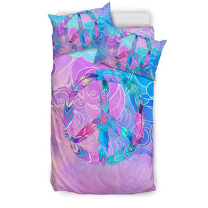 Purple And Blue Feathered Peace Sign Cloud Printed Duvet Cover, Dorm Room College, Comforter Cover, Bed Room, Bedding Coverlet, Twin Duvet