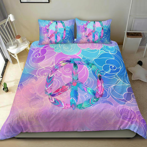 Image of Purple And Blue Feathered Peace Sign Cloud Printed Duvet Cover, Dorm Room College, Comforter Cover, Bed Room, Bedding Coverlet, Twin Duvet