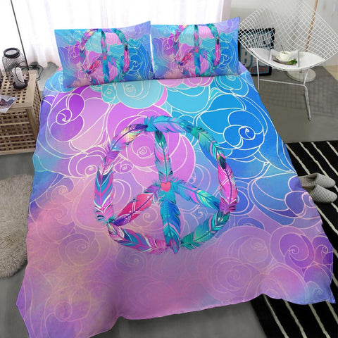 Image of Purple And Blue Feathered Peace Sign Cloud Printed Duvet Cover, Dorm Room College, Comforter Cover, Bed Room, Bedding Coverlet, Twin Duvet