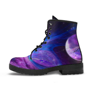 Purple Blue Galaxy Star Planet Women's Vegan Leather Boots, Handcrafted Hippie