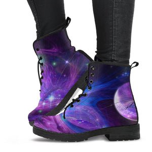 Purple Blue Galaxy Star Planet Women's Vegan Leather Boots, Handcrafted Hippie