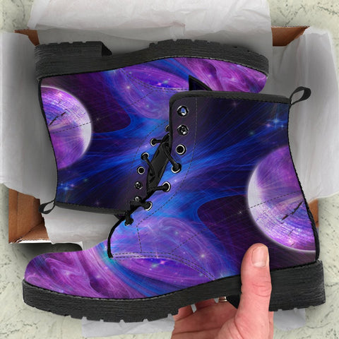Image of Purple Blue Galaxy Star Planet Women's Vegan Leather Boots, Handcrafted Hippie