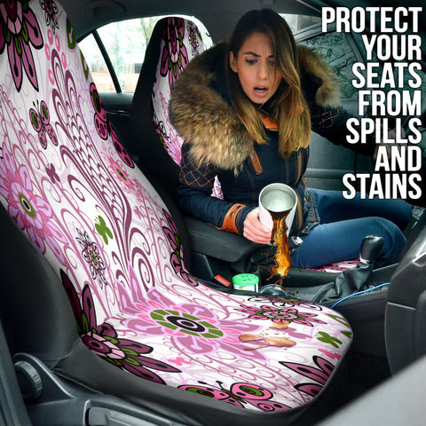 Image of Purple Pink Spring Car Seat Covers, Personalized Blossom Front Protectors, 2pc
