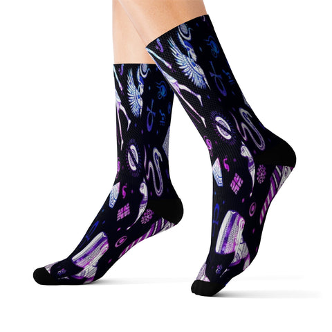 Image of Purple Blue Multicolored Egyptian Hieroglyphs Long Sublimation Socks, High Ankle