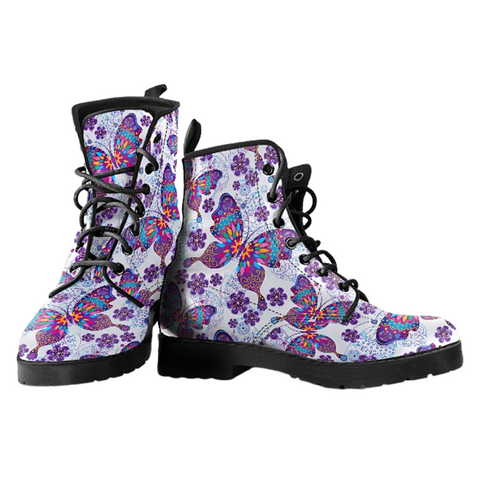 Image of Purple Butterfly Women's Vegan Leather Boots, Waterproof Handcrafted, Boho
