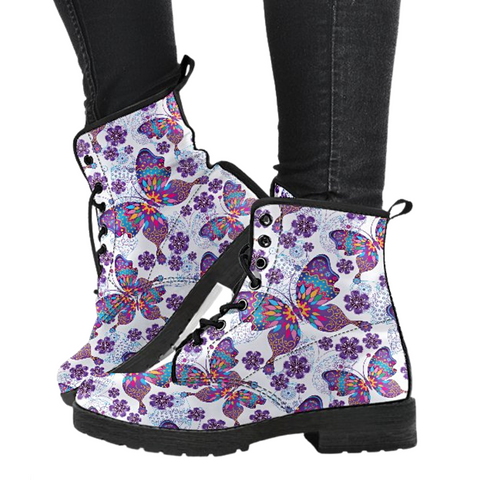 Image of Purple Butterfly Women's Vegan Leather Boots, Waterproof Handcrafted, Boho