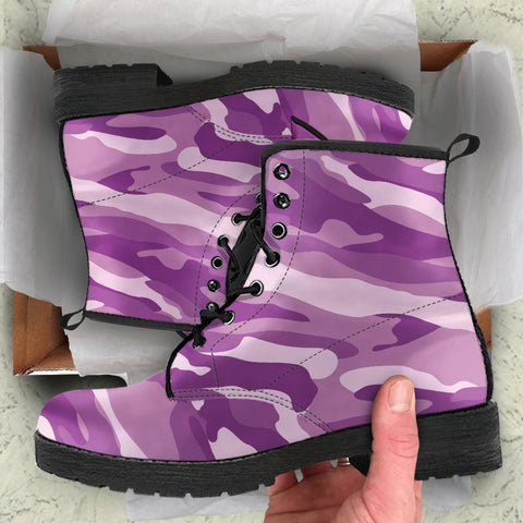 Image of Purple Camouflage: Women's Vegan Leather Boots, Handcrafted Lace,Up Boots, Vegan