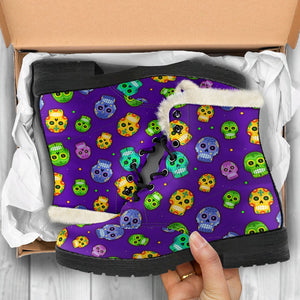 Purple Colorful Sugar Skull Comfortable Boots,Decor Womens Boots,Combat Boots Lolita Combat Boots,Hand Crafted,Multi Colored,Streetwear