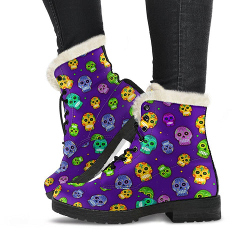 Image of Purple Colorful Sugar Skull Comfortable Boots,Decor Womens Boots,Combat Boots Lolita Combat Boots,Hand Crafted,Multi Colored,Streetwear