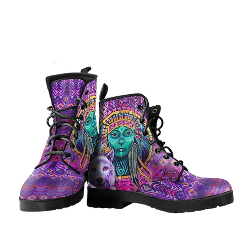 Image of White Wolf Spirit, Vegan Leather Women's Boots, Colorful Purple Design, Boho