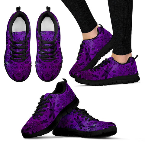 Image of Purple Dragonfly Floral Womens Sneakers, Top Shoes,Running Low Top Shoes, Athletic Sneakers,Kicks Sports Wear, Shoes,Training Shoes