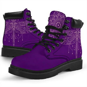 Purple Dragonfly Mandala All Season Boots,Vegan ,Casual WearLeather,Rain Boots,Leather Boots Women,Women Girl Gift,Handmade Boots,Streetwear