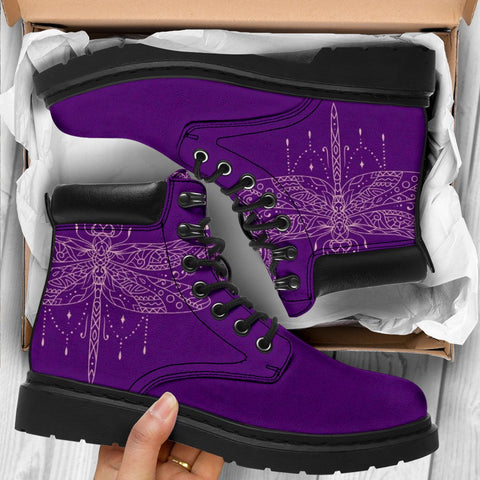 Image of Purple Dragonfly Mandala All Season Boots,Vegan ,Casual WearLeather,Rain Boots,Leather Boots Women,Women Girl Gift,Handmade Boots,Streetwear