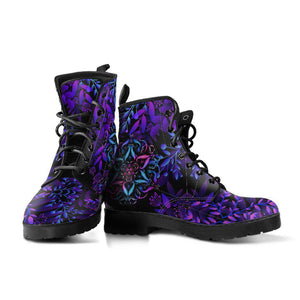 Handcrafted Women’s Purple Floral Mandala Combat Boots , Vegan Leather in Multi
