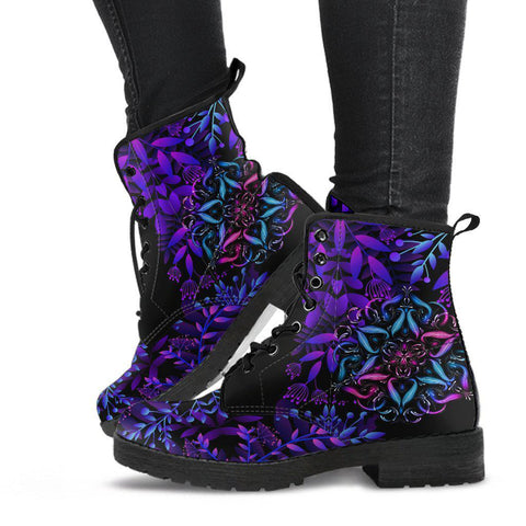 Image of Handcrafted Women’s Purple Floral Mandala Combat Boots , Vegan Leather in Multi