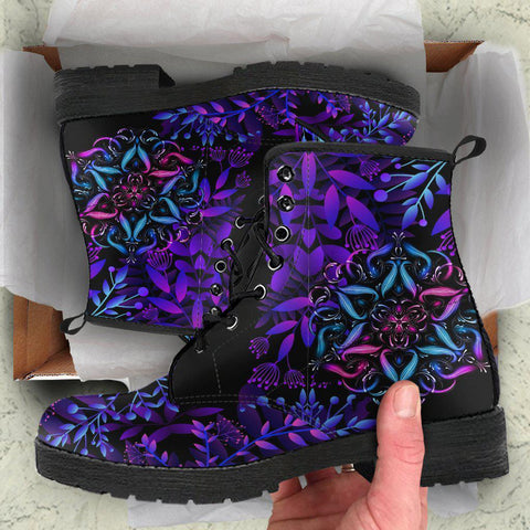 Image of Handcrafted Women’s Purple Floral Mandala Combat Boots , Vegan Leather in Multi
