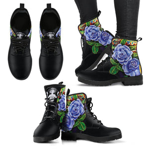 Women's Vegan Leather Boots, Black Blue Roses Floral Flowers, Hippie