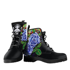 Women's Vegan Leather Boots, Black Blue Roses Floral Flowers, Hippie