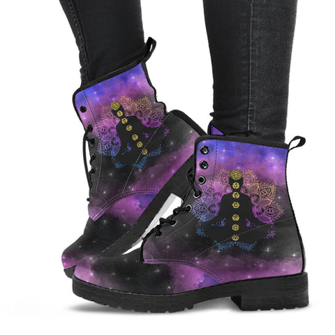 Image of Purple Galaxy Buddha Women's Vegan Leather Boots, Handmade Hippie Streetwear, Classic Stylish Boot, Women's Gift, Cosmic Design