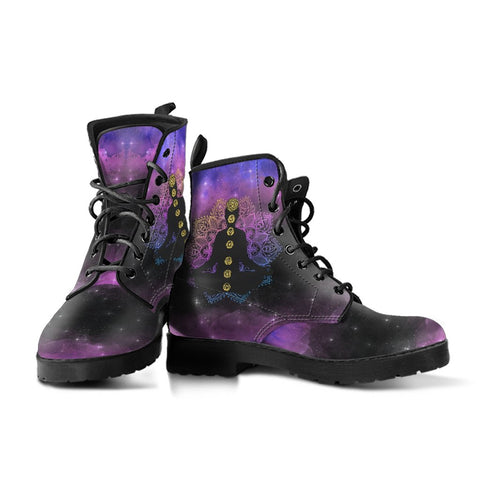 Image of Purple Galaxy Buddha Women's Vegan Leather Boots, Handmade Hippie Streetwear, Classic Stylish Boot, Women's Gift, Cosmic Design