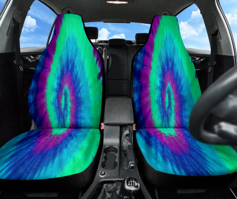 Image of Purple Green Tie Dye Abstract Car Seat Covers, Retro Front Seat Protectors, 2pc
