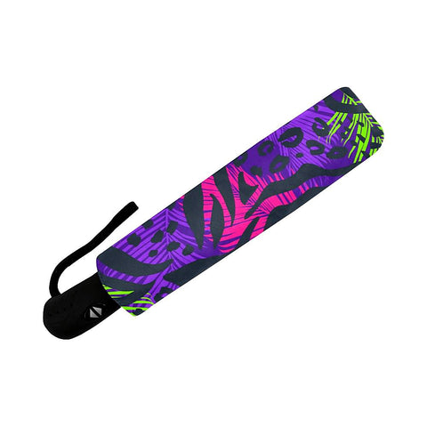 Image of Purple Neon Leaves Animal Print Unisex Umbrella, Foldable Umbrella, Custom Rain Umbrella,Rain Gear