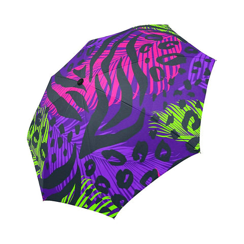 Image of Purple Neon Leaves Animal Print Unisex Umbrella, Foldable Umbrella, Custom Rain Umbrella,Rain Gear