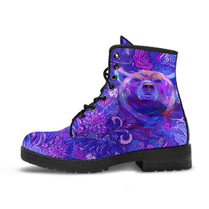 Purple Abstract Bear Floral Women's Vegan Leather Boots, Rain Shoes,