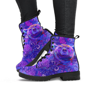 Purple Abstract Bear Floral Women's Vegan Leather Boots, Rain Shoes,