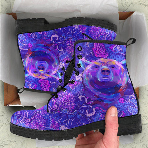 Image of Purple Abstract Bear Floral Women's Vegan Leather Boots, Rain Shoes,