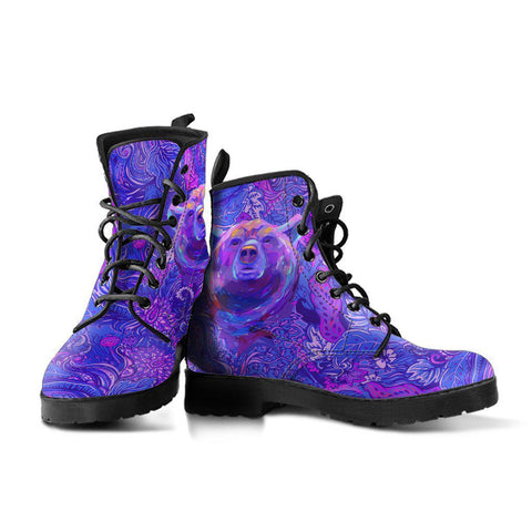 Image of Purple Abstract Bear Floral Women's Vegan Leather Boots, Rain Shoes,