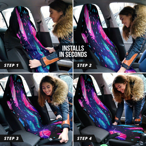 Image of Purple Pink Feathers Car Seat Covers, Whimsical Front Seat Protectors, 2pc Car