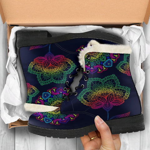 Image of Rainbow Gradient Mandala Combat Boots,Hand Crafted,Multi Colored,Comfortable Boots,Decor Womens Boots,Combat Boots,Classic Boot, Ankle Boot