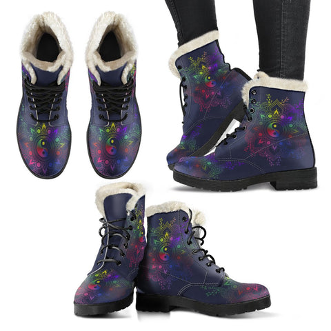 Image of Rainbow Gradient Mandala Ying Yang Combat Boots,Hand Crafted,Multi Colored,Comfortable Boots,Decor Womens Boots,Combat Boots,Classic Boot